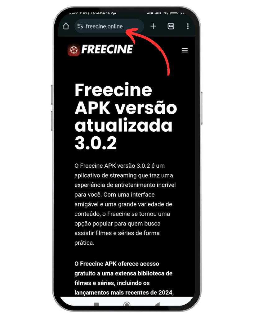 Captura de tela de um celular mostrando uma página intitulada 'Freecine APK versão atualizada 3.0.2' no URL freecine.online. O texto descreve o Freecine APK como um aplicativo de streaming que oferece acesso gratuito a uma vasta biblioteca de filmes e séries com um catálogo atualizado de 2024, destacando sua interface amigável.