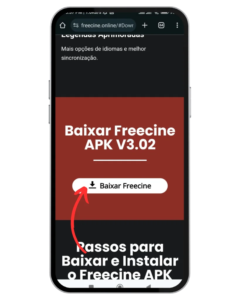 Captura de tela de um celular mostrando uma página do site freecine.online com uma seção vermelha exibindo o texto 'Baixar Freecine APK V3.02' e um botão de download com o rótulo 'Baixar Freecine', acompanhado de um ícone de download. Abaixo, há um título com os passos para baixar e instalar o Freecine APK.