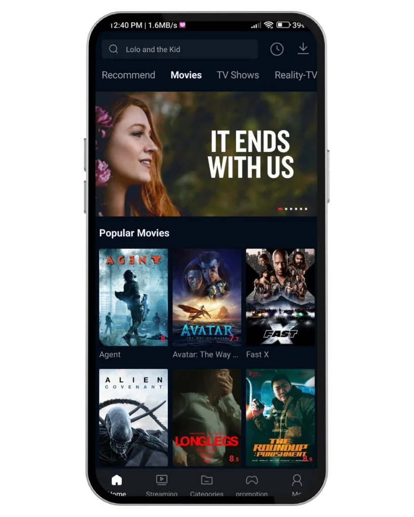 Tela de smartphone exibindo um aplicativo de streaming de filmes com um banner para 'It Ends With Us' e filmes populares como 'Agent,' 'Avatar: O Caminho da Água' e 'Velozes e Furiosos X.