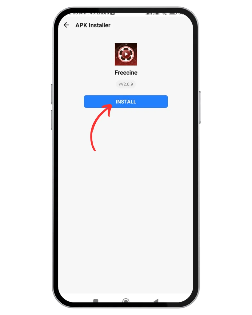 A imagem mostra a tela de um smartphone exibindo a interface de um instalador de APK. O aplicativo que está sendo instalado é o "Freecine" (versão 2.0.9). Um botão azul com a palavra "INSTALAR" está em destaque, com uma seta vermelha apontando para ele, enfatizando a ação de instalar o aplicativo.